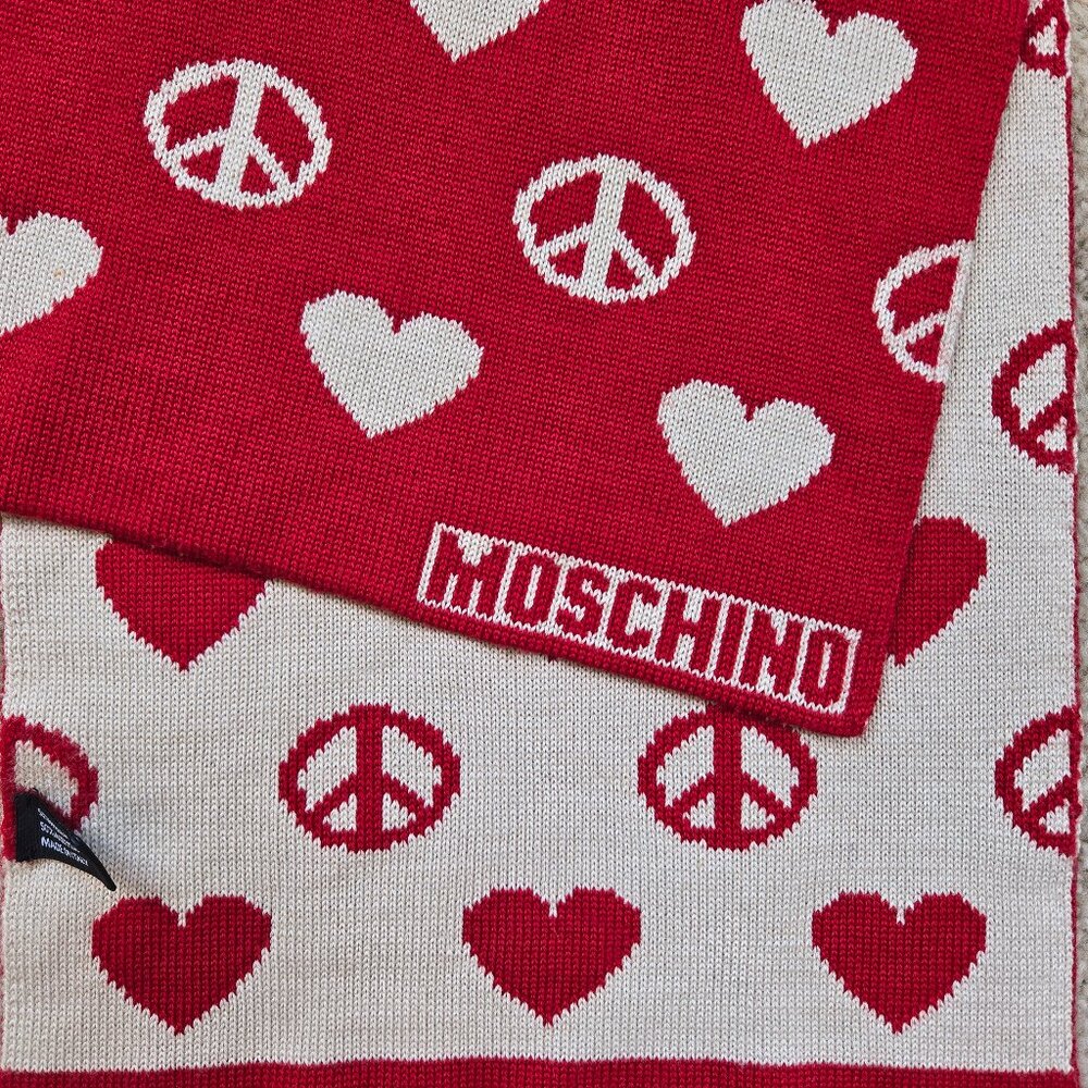 Moschino Peace & Love Hearts Scarf Merino Wool Blend Red White